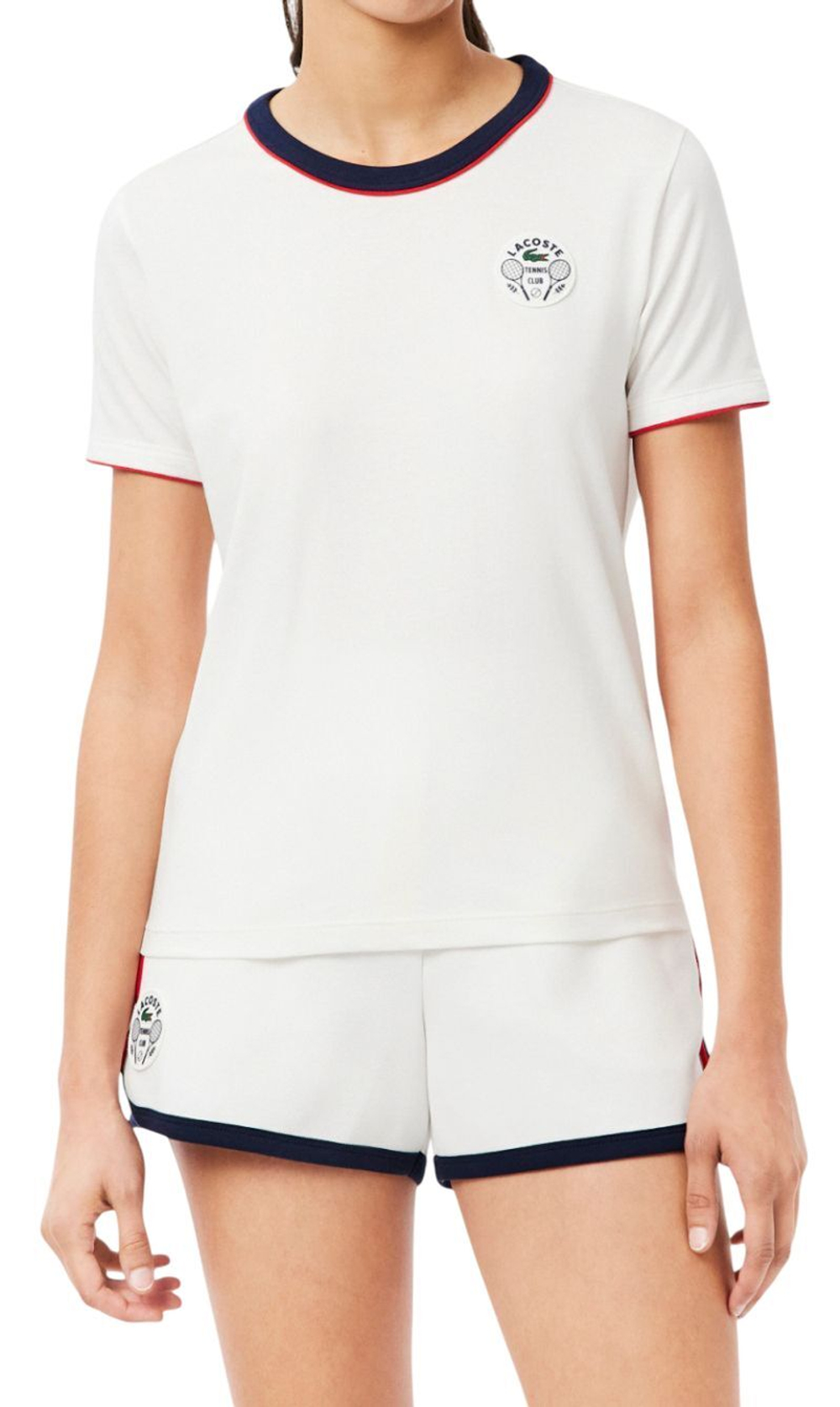 Женская теннисная футболка Lacoste Ultra Dry Tennis Heritage Badge - white/navy blue