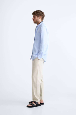 ZARA БРЮКИ ИЗ ХЛОПКА И ЛЬНА, СВЕТЛО-БЕЖЕВЫЙ