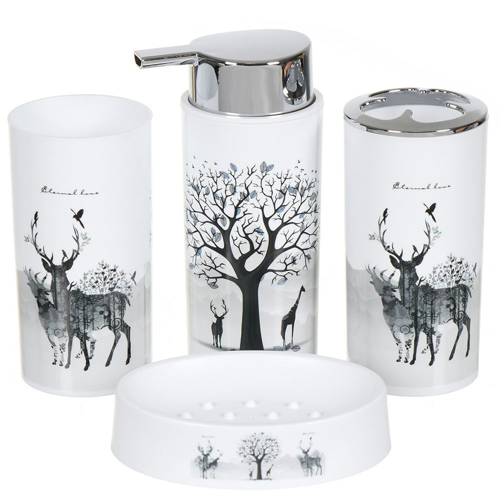 Набор для ванной 4 пр, Олени, бел, пластик, стак,подс д/зуб щет,дозат д/мыла,мыл-ца, Y9-076