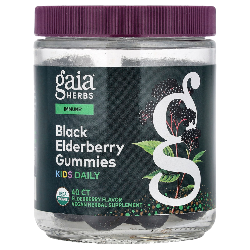 Gaia Herbs, Kids Daily, жевательные таблетки с черной бузиной, со вкусом бузины, 40 жевательных таблеток