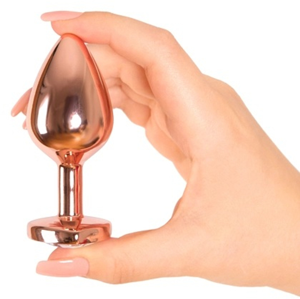 Алюминиевая анальная пробка ""розовое золото"" с розовым кристаллом в форме сердца (размер M)