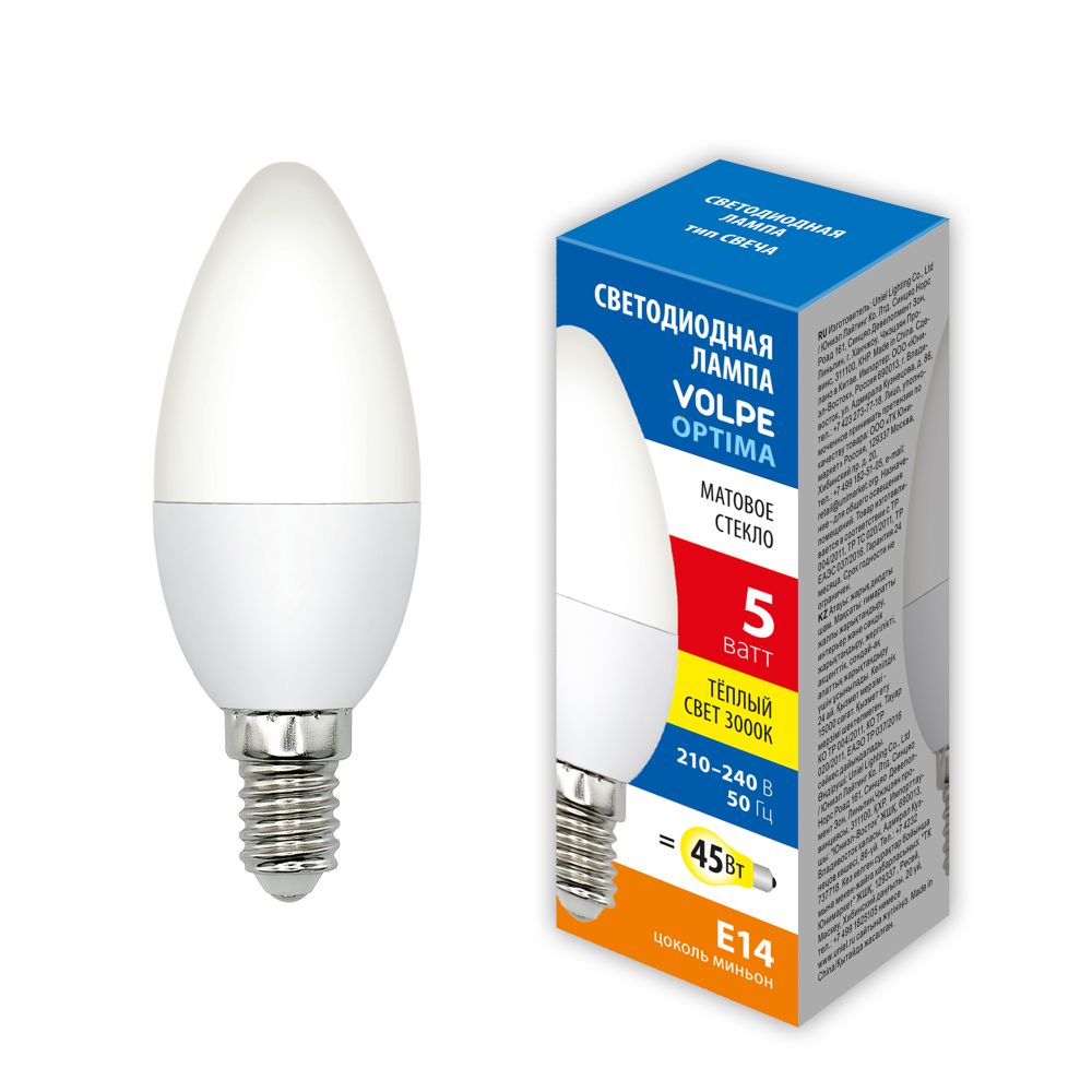 LED-C37-5W-3000K-E14-FR-SLS Лампа светодиодная. Форма свеча. матовая. Теплый белый свет 3000K. ТМ Volpe