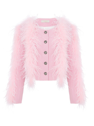 Жакет мини из крепа с перьями на груди и рукавах, светло-розовый