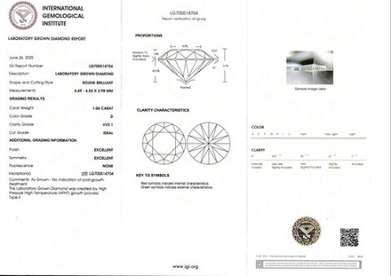 Лабораторно-выращенный бриллиант Кр-57 6.49-6.55 мм D/VVS1 1.04 ct