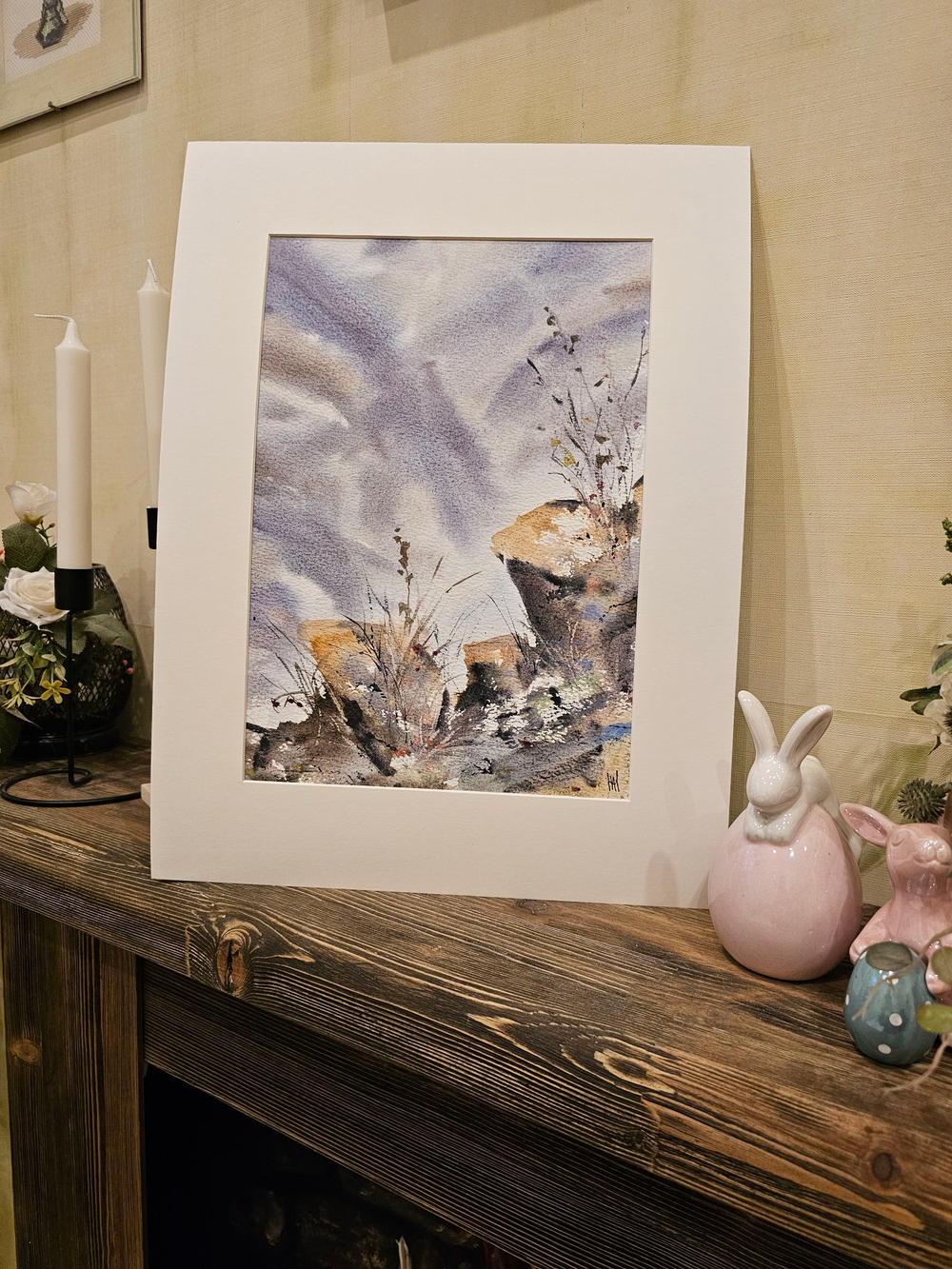 Картина авторская акварельная в паспарту 30х40 см на стену для интерьера "Туман в горах"