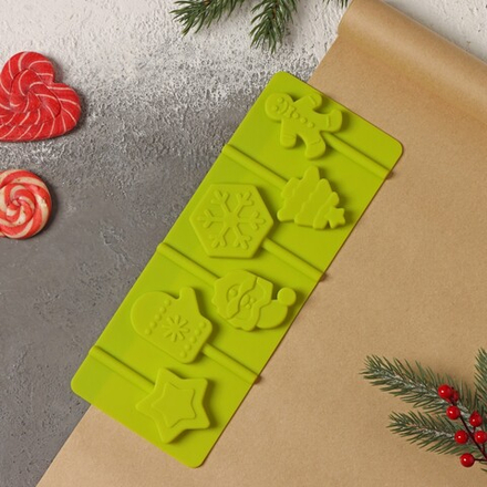 Форма силиконовая для леденцов «Новогодний подарок», 24×9,5 см, 6 ячеек, цвет зелёный