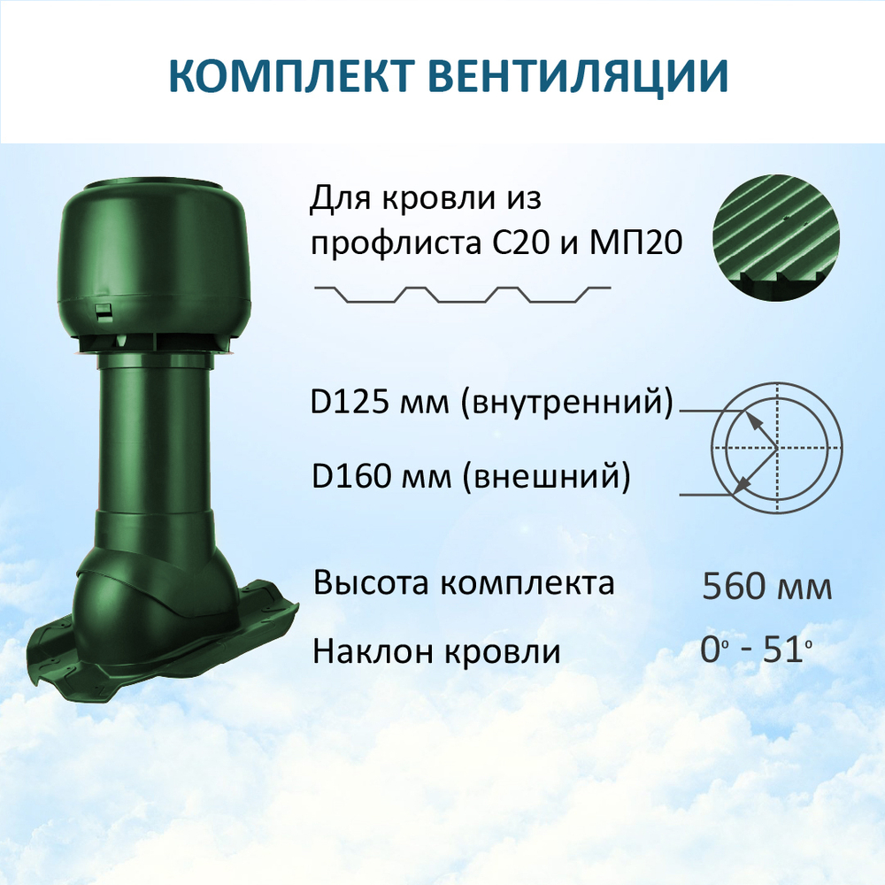 Комплект вентиляции: Вентиляционный выход изолированный D125/160 утепленный высота H=500 мм, проходной элемент PROF-20 для металлопрофиля кровельного профнастила МП20 иС20, колпак вентиляционный D160 мм, зеленый