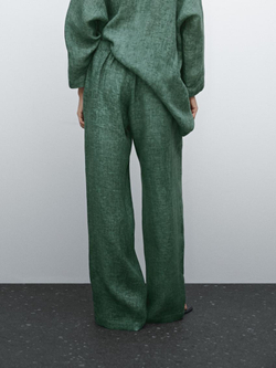 Massimo Dutti Струящиеся брюки из 100% льна с эластичным поясом, бирюзово-зеленый