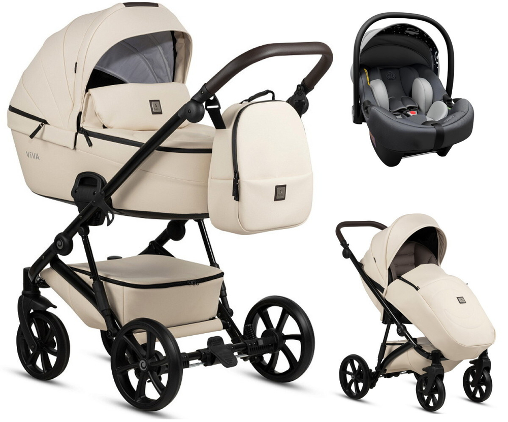 Детская коляска Tutis Viva 5 Plus Leather 2024 3 в 1 с автокреслом Elo Lux EduSky Grey 1452086 Vanilla