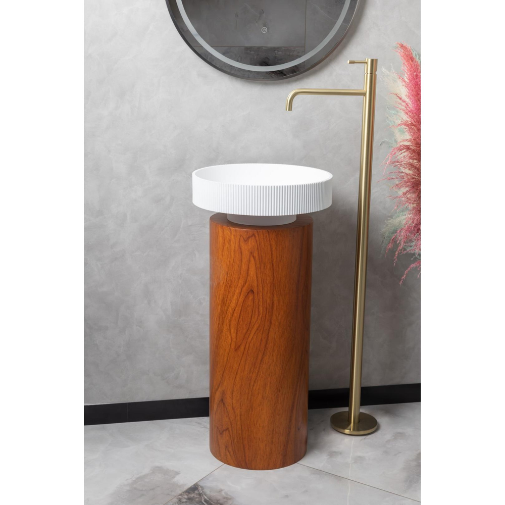 Раковина накладная рифленая Boheme Sole Corian 400*130 Matte white, с пьедесталом Corian 300*720 Red Wood