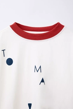 ZARA ФУТБОЛКА С КОНТРАСТНЫМ ВОРОТНИКОМ, ЭКРЮ