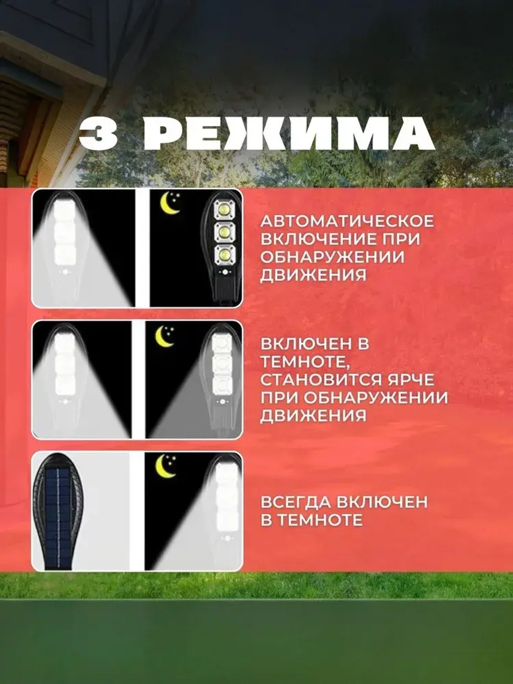 Светильник на солнечной батарее уличный, Аккумуляторный, С датчиком движения, Водонепроницаемый, Мощный