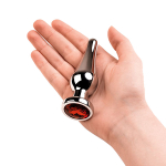 Серебристая вытянутая анальная пробка 10см с красным кристаллом ToyFa Metal 717049-9