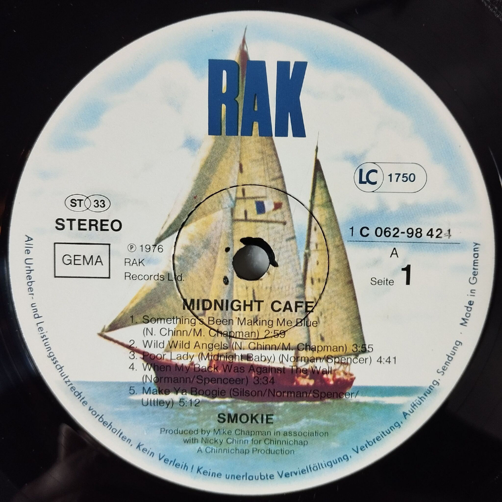 Винтажная виниловая пластинка LP Smokie Midnight Cafe (Germany 1976)