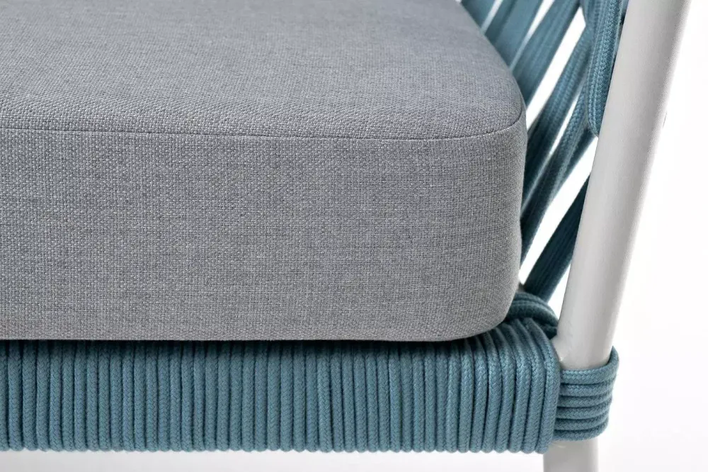 "Диего" диван 2-местный плетеный из роупа, каркас алюминий светло-серый (RAL7035) муар, роуп бирюзовый круглый, ткань светло-серая