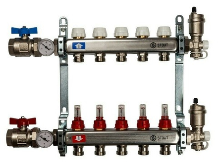 Коллектор Stout 1" x 3/4" на 5 контуров с расходомерами в сборе (нерж. сталь) SMS-0907-000005