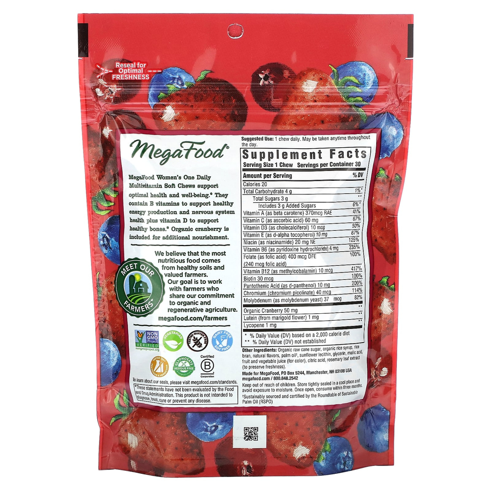 MegaFood, мультивитаминный комплекс для женщин, со вкусом ягодного ассорти, 30 жевательных таблеток в индивидуальной упаковке