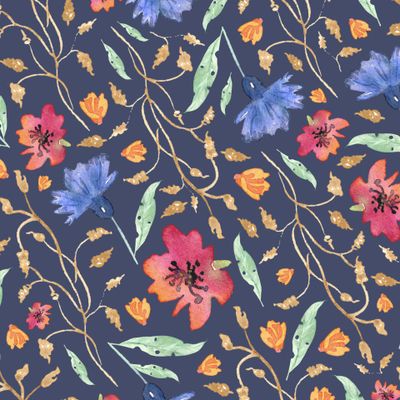 Васильки и маки на пшеничном поле (на синем фоне)