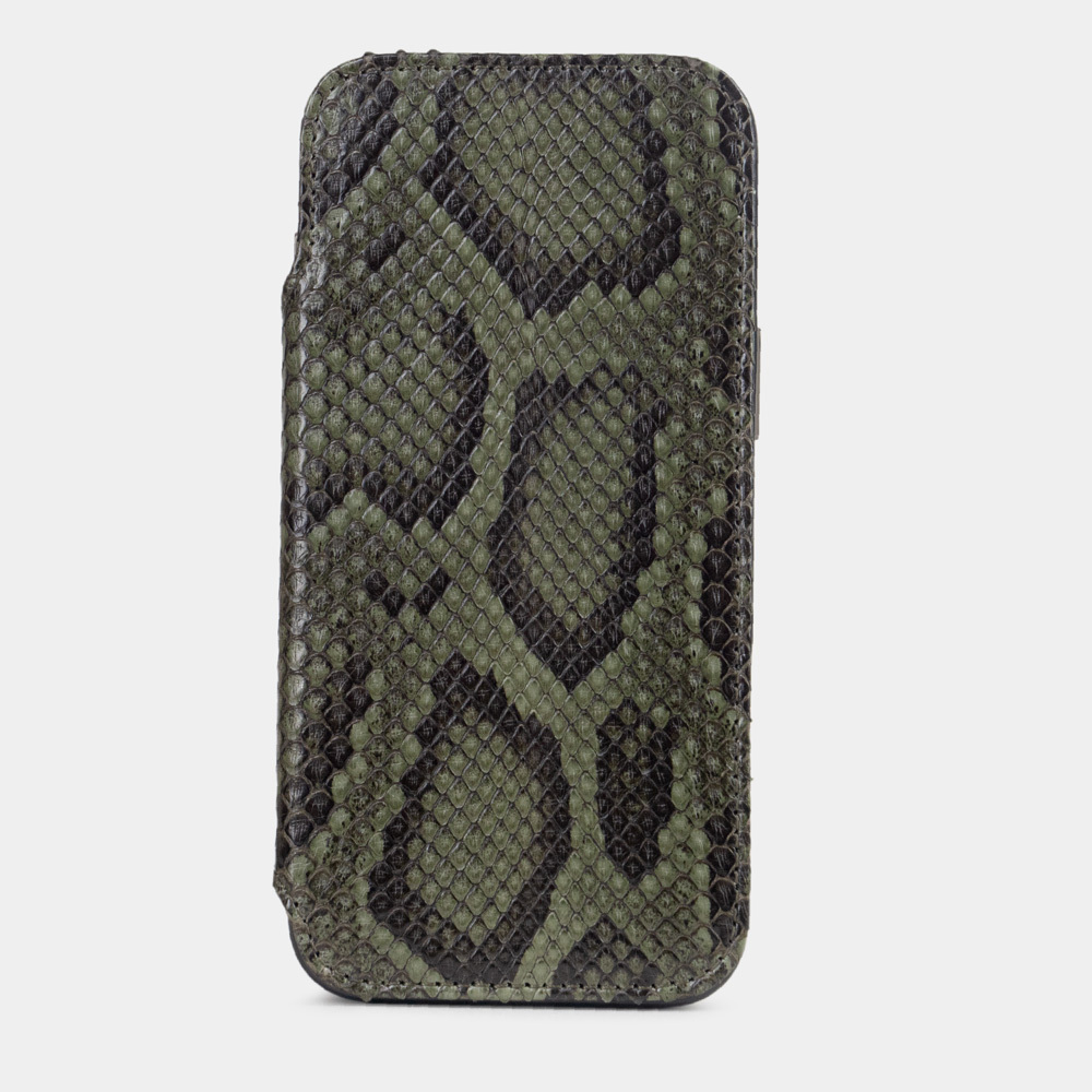 Чехол-книжка кожаная для iPhone 16 Pro Max, питон зеленого цвета