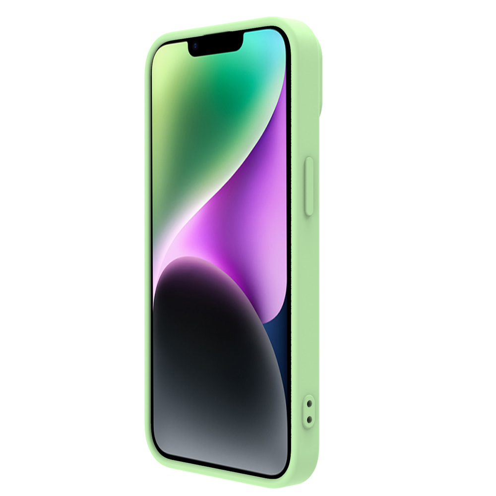 Чехол с шелковистым покрытием зеленого цвета (Mint Green) от Nillkin для iPhone 15, серия CamShield Silky Magnetic Silicone Case (поддержка беспроводной зарядки MagSafe)