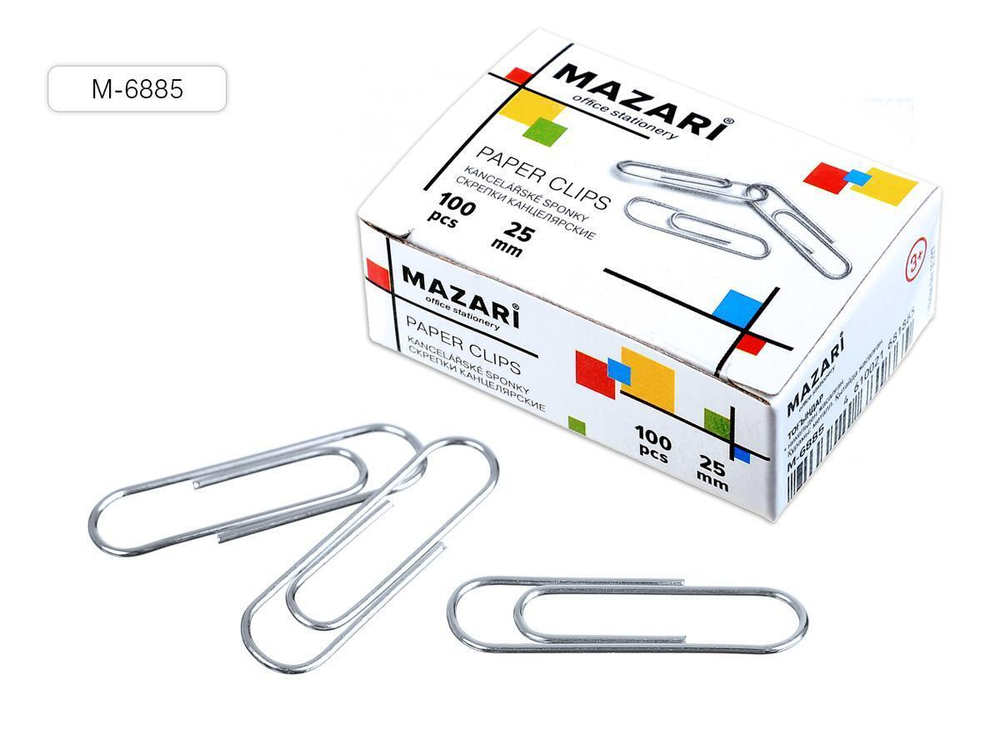 Скрепки канцелярские 25мм. 100шт. никелированные, коробка (Mazari)