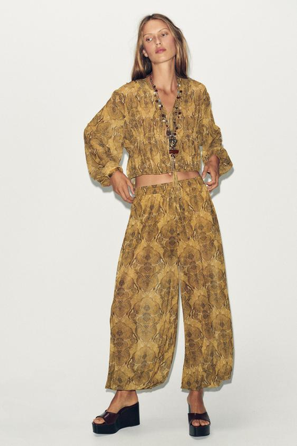 ZARA БРЮКИ-БАГГИ С ПРИНТОМ, ОТТЕНКИ ЗЕЛЕНОГО