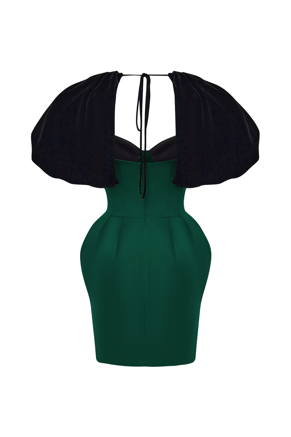 Платье мини из бархата и сатина с объемными рукавами