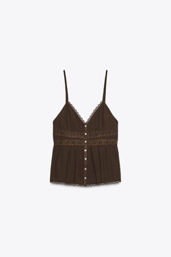 ZARA ТОП С КРУЖЕВОМ, КОРИЧНЕВЫЙ