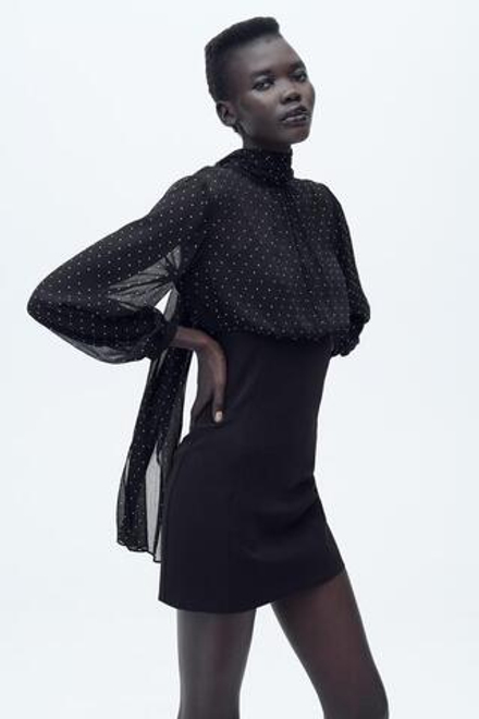 ZARA КОМБИНИРОВАННОЕ БЛЕСТЯЩЕЕ МИНИ-ПЛАТЬЕ, ЧЕРНЫЙ