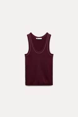 ZARA ОДНОТОННЫЙ ТОП С КОНТРАСТНОЙ ОКАНТОВКОЙ, БОРДОВЫЙ