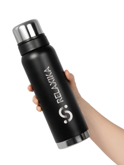 Термос Relaxika 103 (1 литр), черный (стикерпак "Зимний спорт")