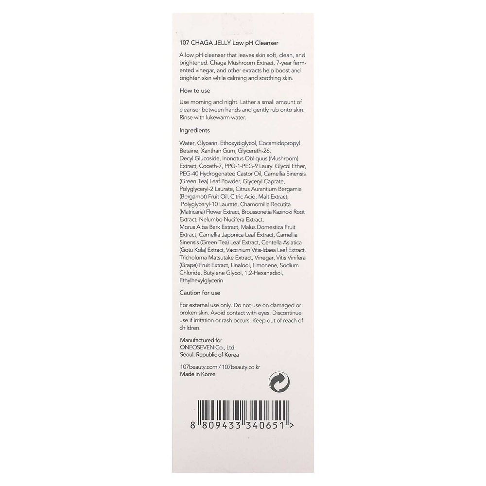 107 Beauty, Chaga Jelly, очищающее средство с низким уровнем pH, 120 мл (4 жидк. унц.)
