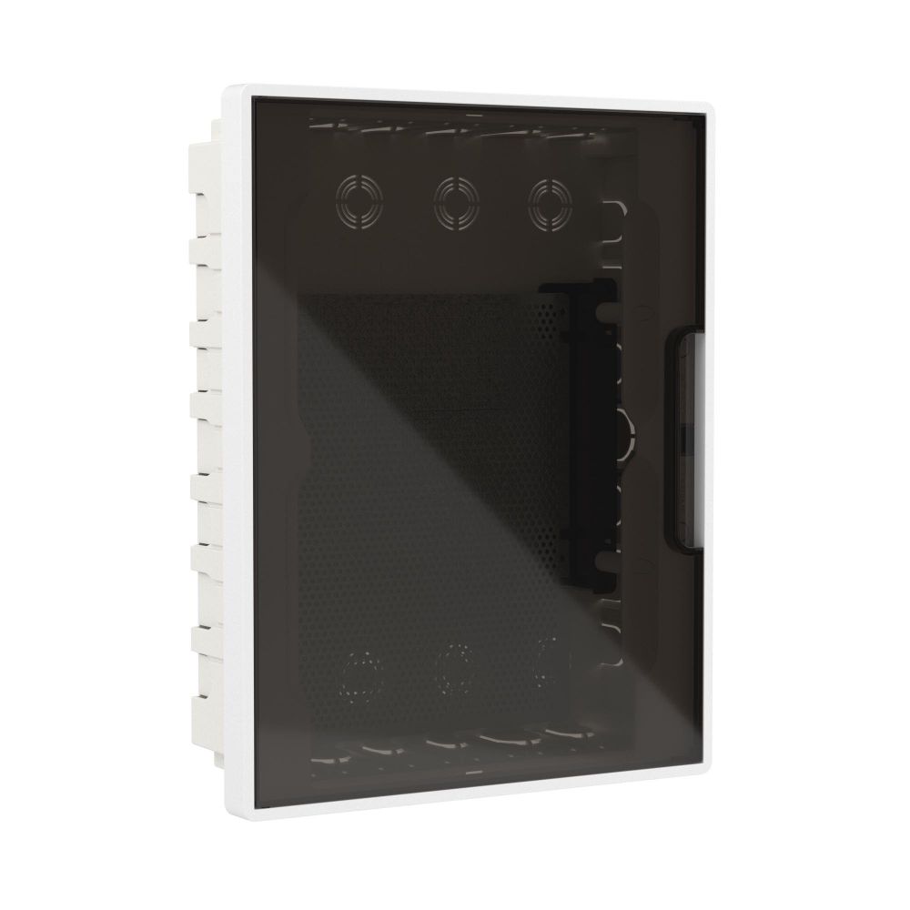 Щиток 24 мод встраиваемый слаботочный FRAME, белый, с тонированной дверцей, с монтажной платой, в комплекте с 1 розеткой Viva (арт. 45005) и 1 коробкой PDD (арт. 10033)