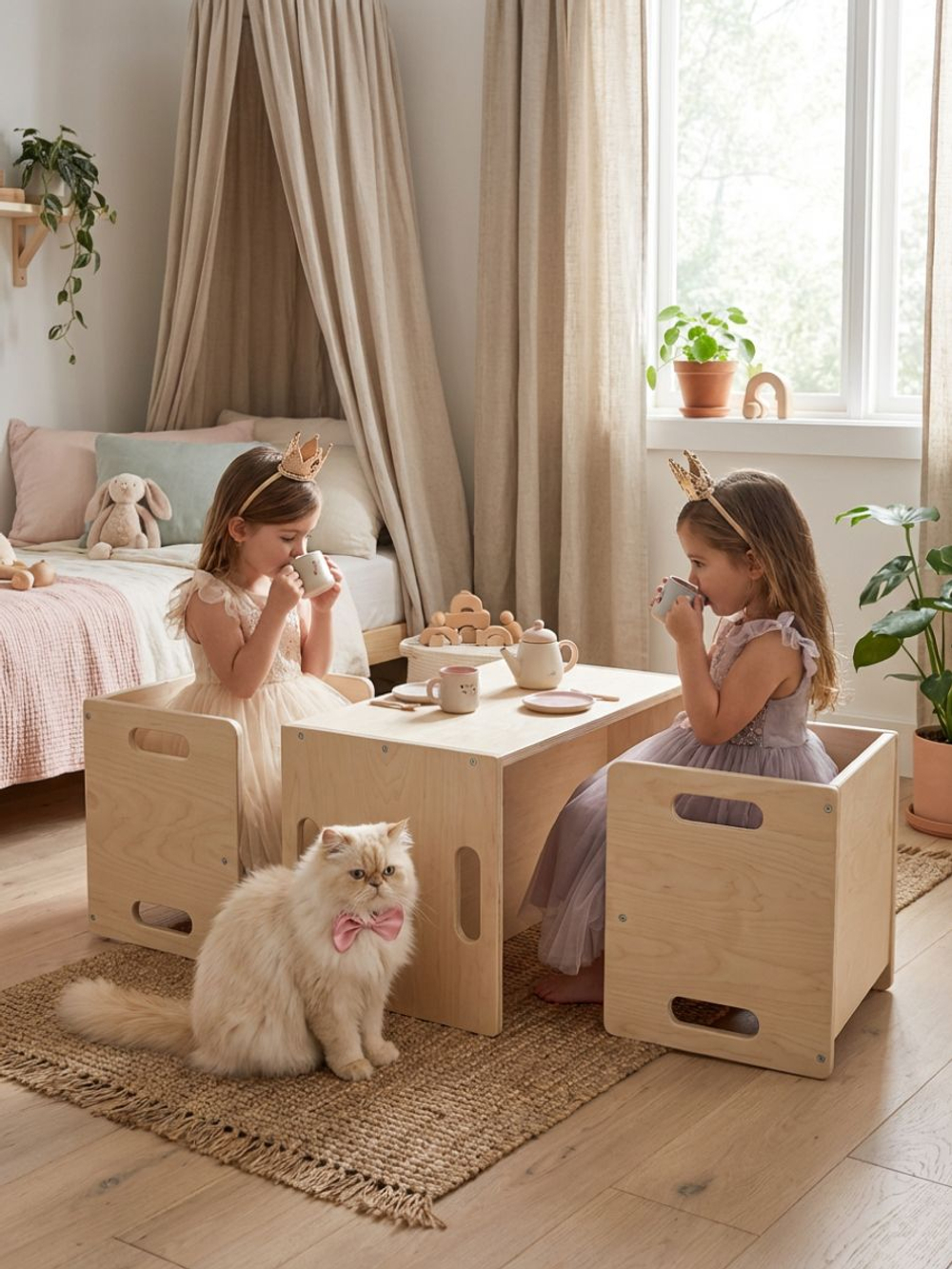 Растущий стул для детей, 34х34х34, Чек, стол и стул 2в1, деревянный, бежевый, Dipriz