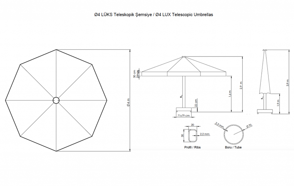 Зонт профессиональный Ø4 м Theumbrela Semsiye Evi Lux Telescopic, бежевый