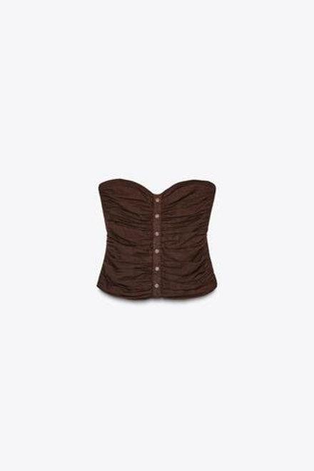 ZARA ТОП БЮСТЬЕ ИЗ СМЕСОВОГО ЛЬНА СО СБОРКАМИ, КОРИЧНЕВЫЙ