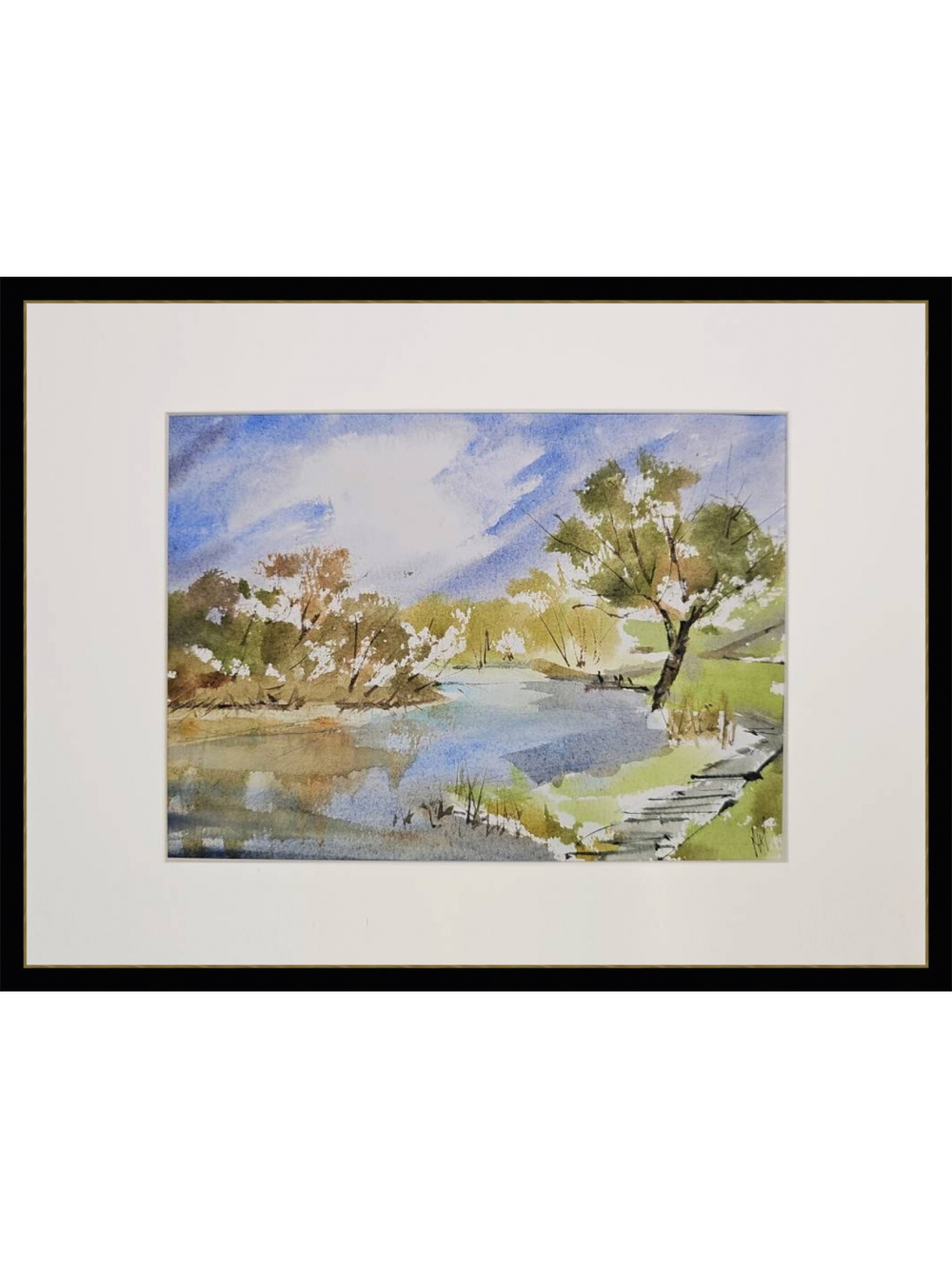 Картина авторская акварельная в паспарту 21х30 см на стену для интерьера "Разлив Осетра"