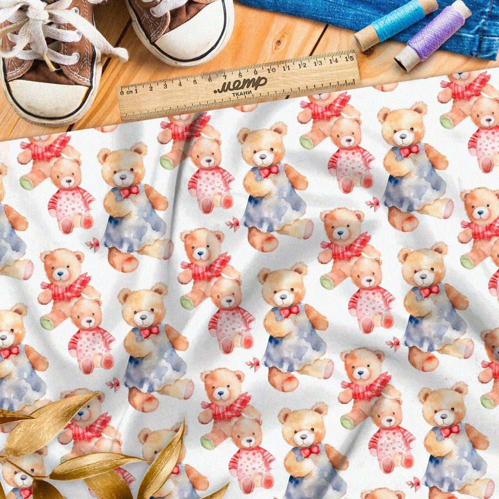 Ткань премиум интерлок акварельная семья медведей