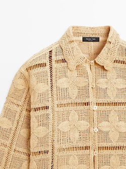 Massimo Dutti Кардиган из кружева кроше с ажурным узором, ванильный