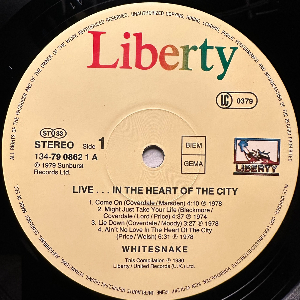 Whitesnake - Live... In The Heart Of The City 2LP (Германия 1980г.)
