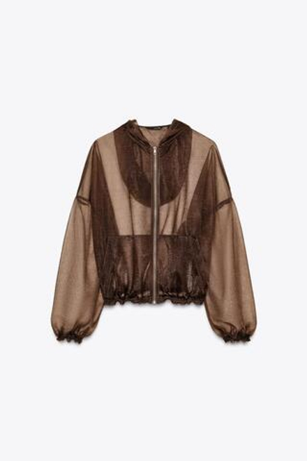 ZARA КУРТКА С КАПЮШОНОМ ИЗ ОРГАНЗЫ, КОРИЧНЕВЫЙ