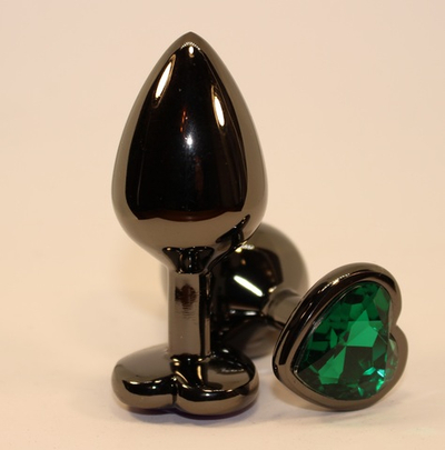 Пробка анальная черная 7,5х2,8см с сердечком зеленый страз 47438-6MM