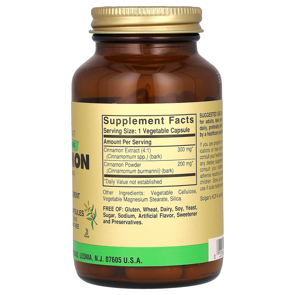 Solgar, наивысшая эффективность трав, корица, 100 вегетарианских капсул