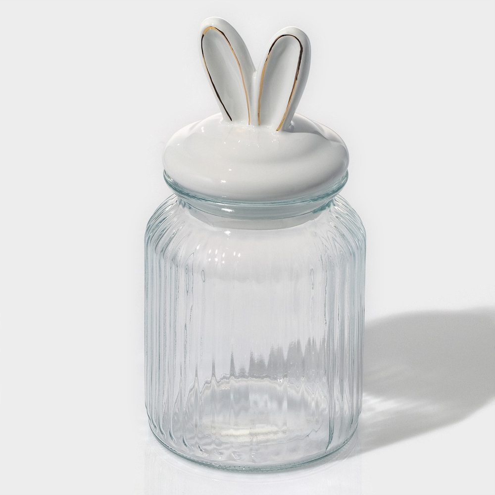 Банка стеклянная для сыпучих продуктов с керамической крышкой Зайка в золотом, 950 мл