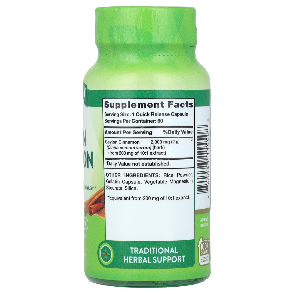 Nature's Truth, концентрированная цейлонская корица, 2000 мг, 60 капсул с быстрым высвобождением