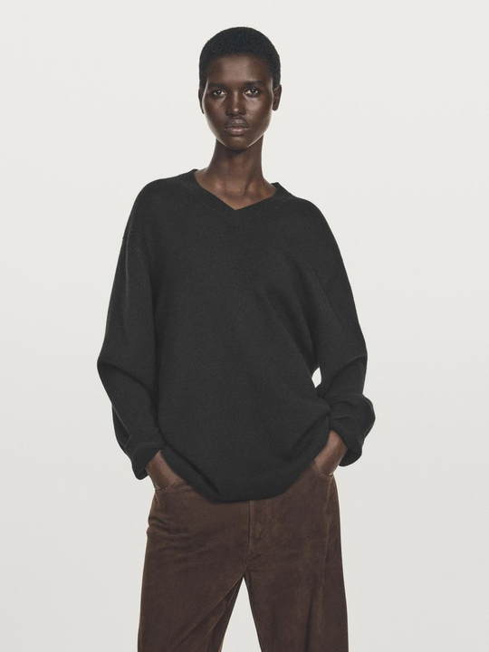 Massimo Dutti Кашемировый свитер оверсайз с V-образным вырезом, черный