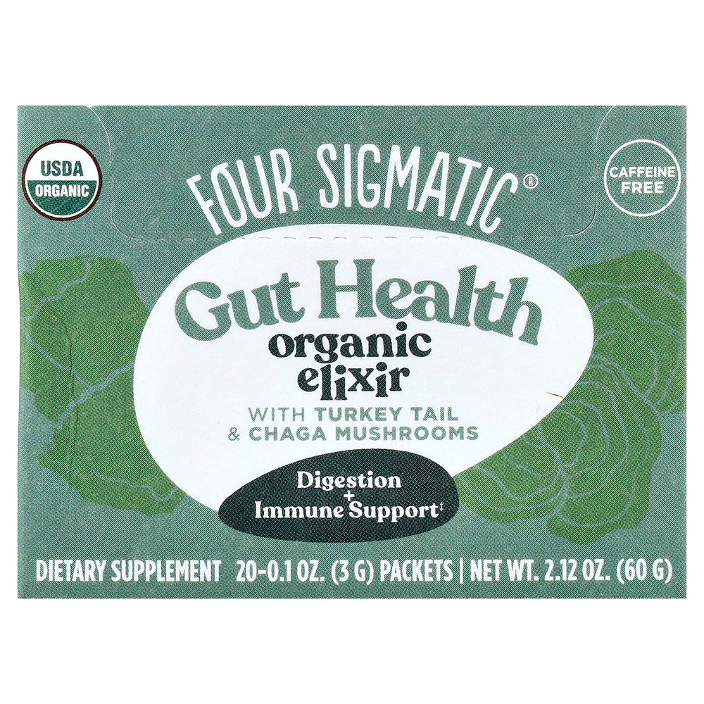 Four Sigmatic, органический эликсир для здоровья кишечника, с трутовиком разноцветным и грибом чага, без кофеина, 20 пакетиков по 3 г (0,1 унции)