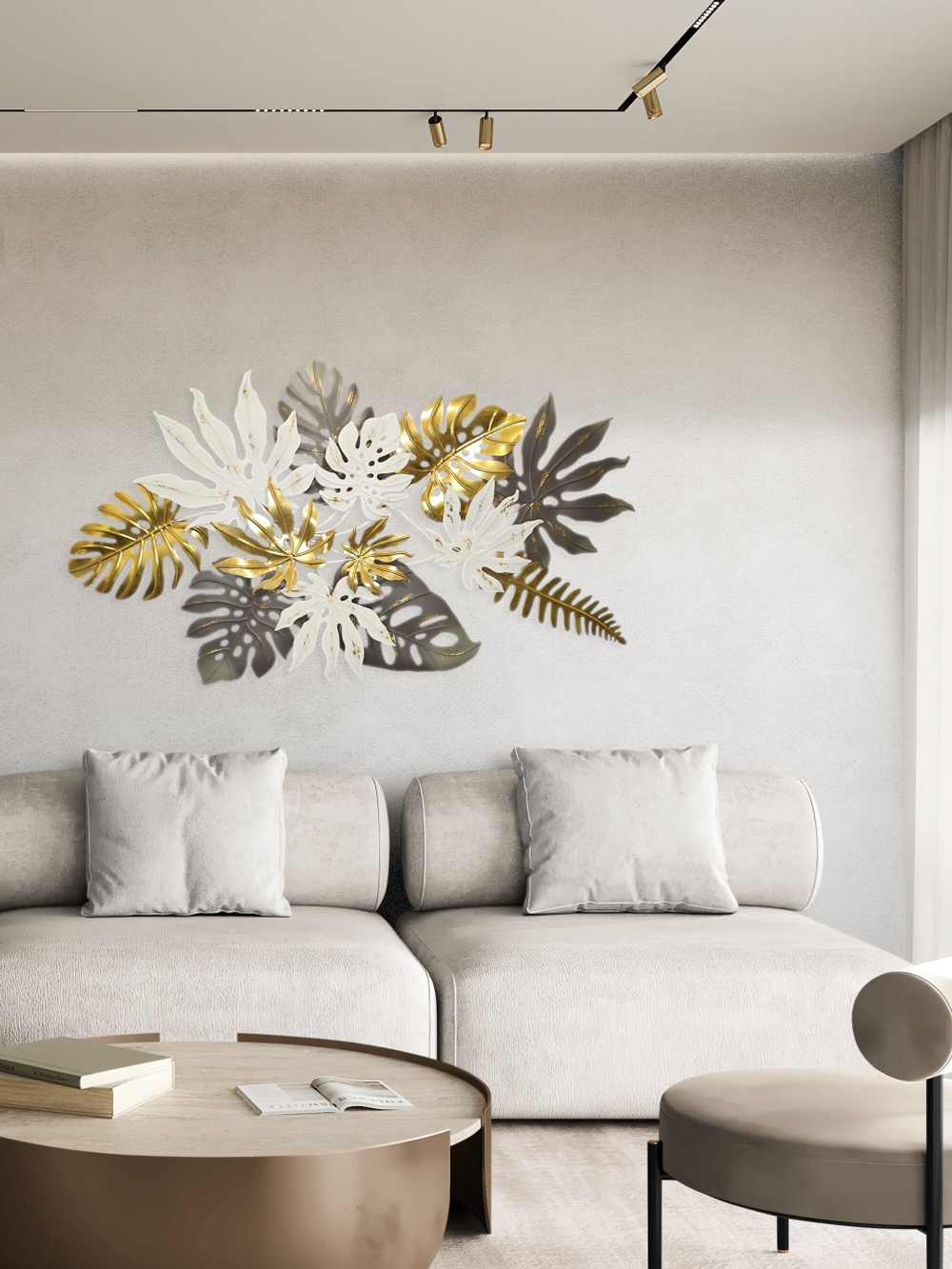 Панно на стену для интерьера декоративное большое металлическое "Листья монстеры" 130*71 см