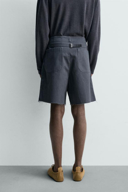 ZARA ХЛОПКОВЫЕ ШОРТЫ ИЗ ТКАНИ В ЁЛОЧКУ С ЭФФЕКТОМ ПОТЕРТОСТИ, ТЕМНЫЙ ИНДИГО