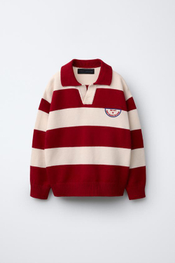 ZARA ТРИКОТАЖНОЕ ПОЛО В ПОЛОСКУ С НАШИВКОЙ, ЭКРЮ/КРАСНЫЙ